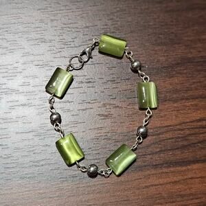 Lovely Green Glass Bead Silver-Tone Mixed Metal Retro Bracelet from Estate Sale